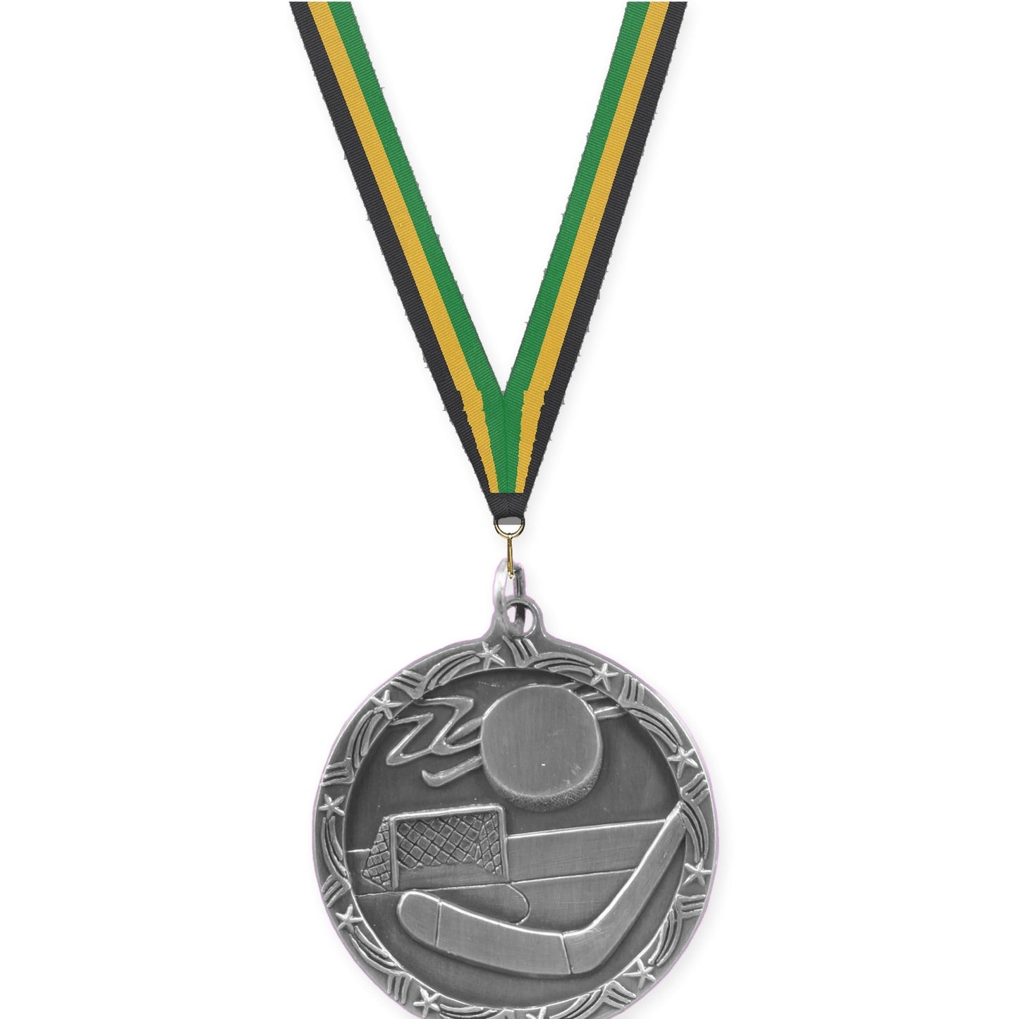 1 3/4 inch hockey Shooting Star medal in antique silver with Black Gold Green neck ribbon