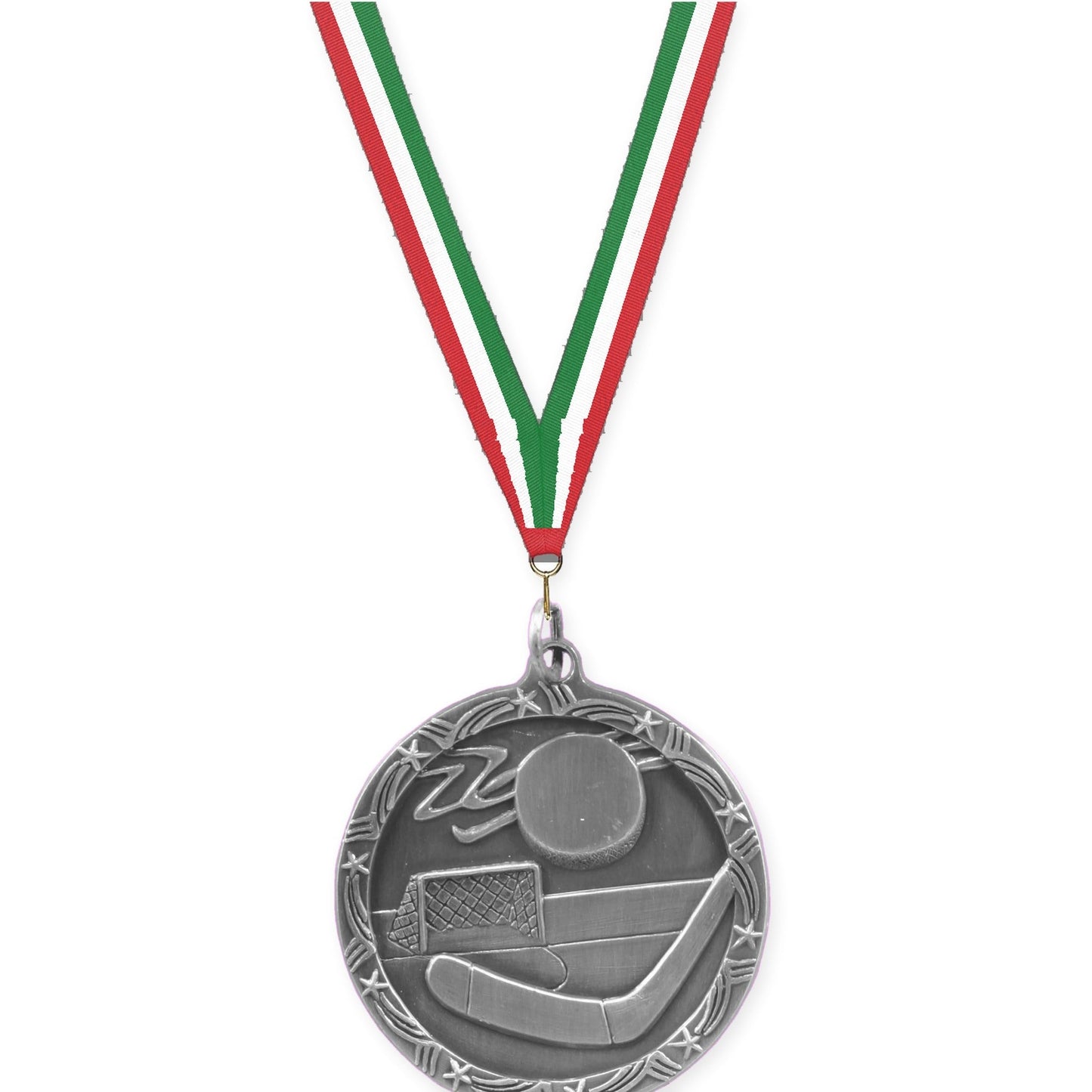 1 3/4 inch hockey Shooting Star medal in antique silver with Red White Green neck ribbon