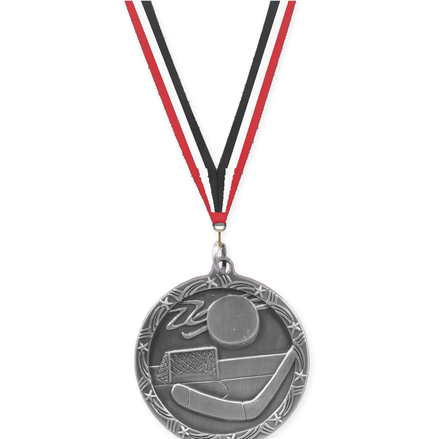 1 3/4 inch hockey Shooting Star medal in antique silver with Red White Black neck ribbon