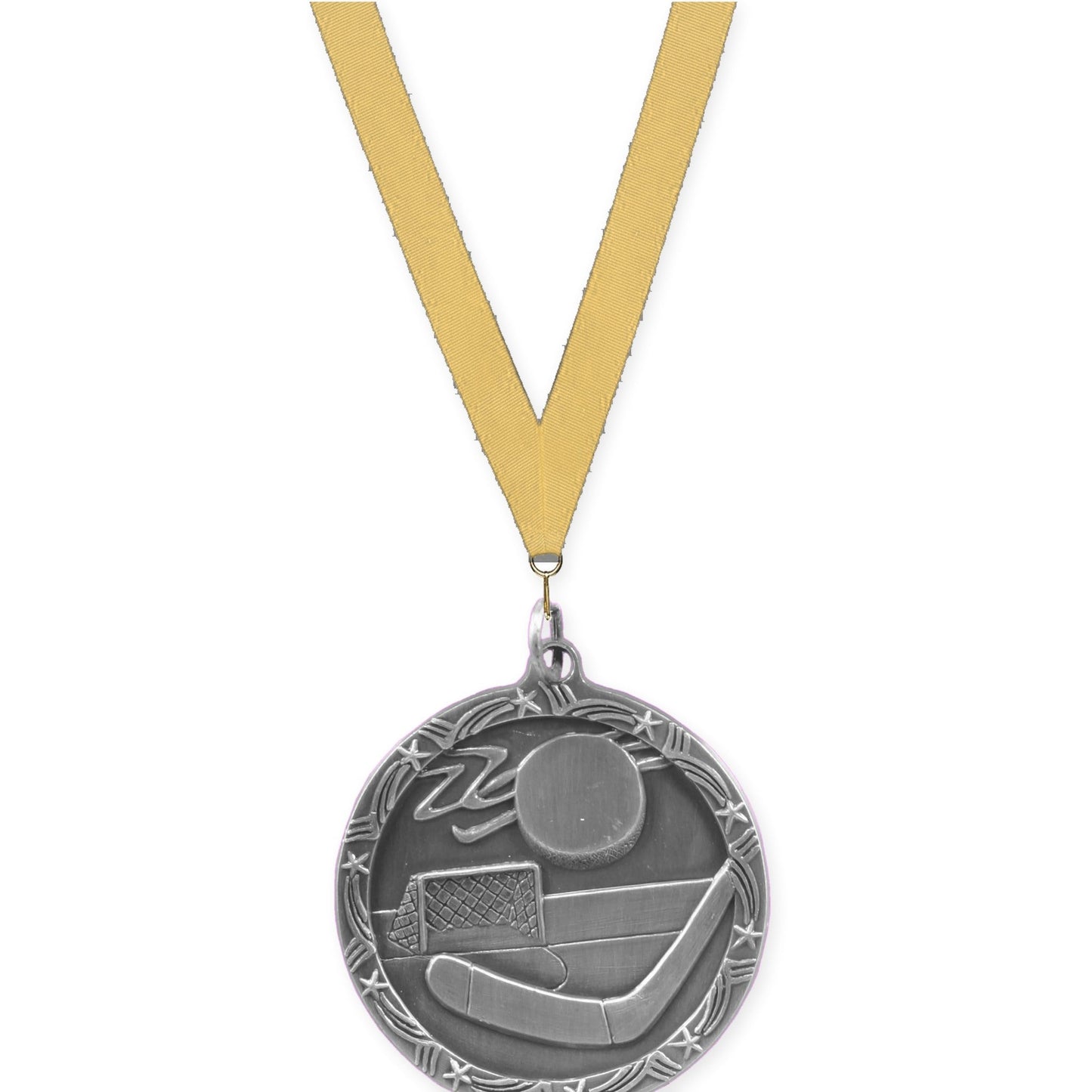 1 3/4 inch hockey Shooting Star medal in antique silver with Gold Metallic neck ribbon