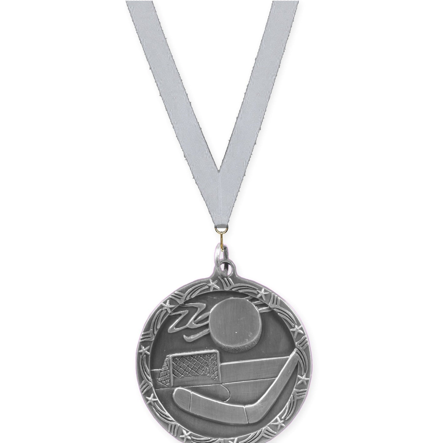 1 3/4 inch hockey Shooting Star medal in antique silver with Silver Metallic neck ribbon