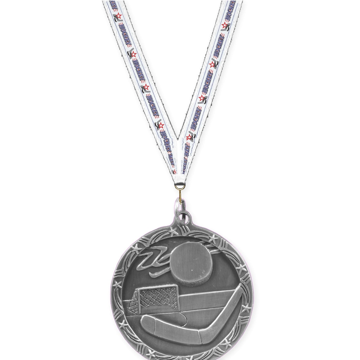1 3/4 inch hockey Shooting Star medal in antique silver with Hockey neck ribbon
