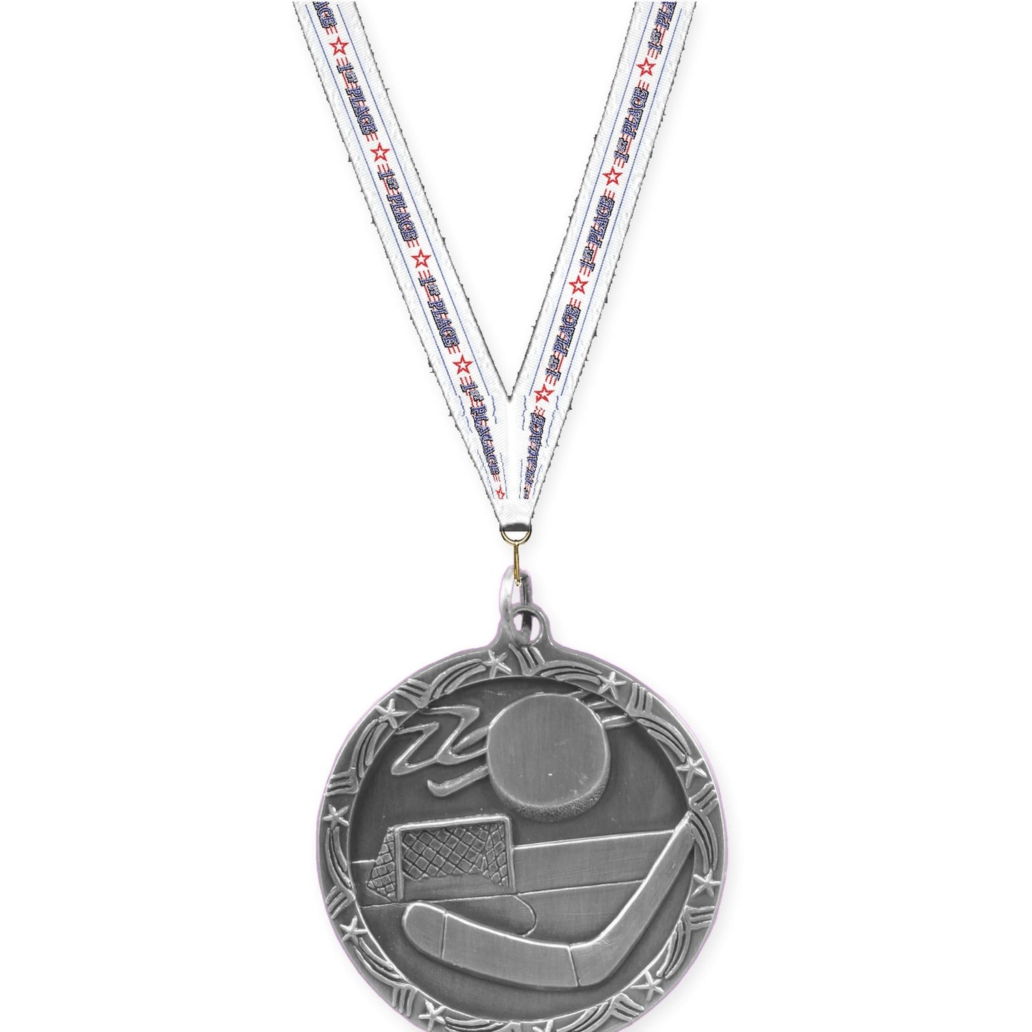 1 3/4 inch hockey Shooting Star medal in antique silver with 1st Place neck ribbon