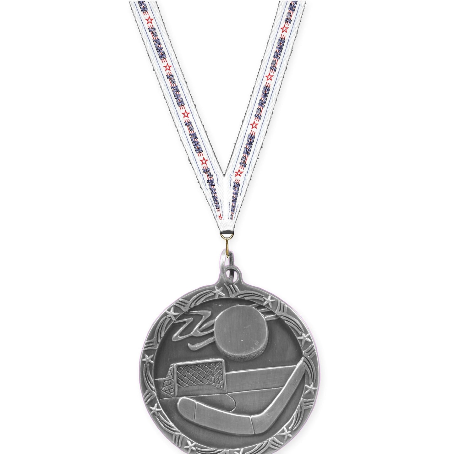 1 3/4 inch hockey Shooting Star medal in antique silver with 2nd Place neck ribbon