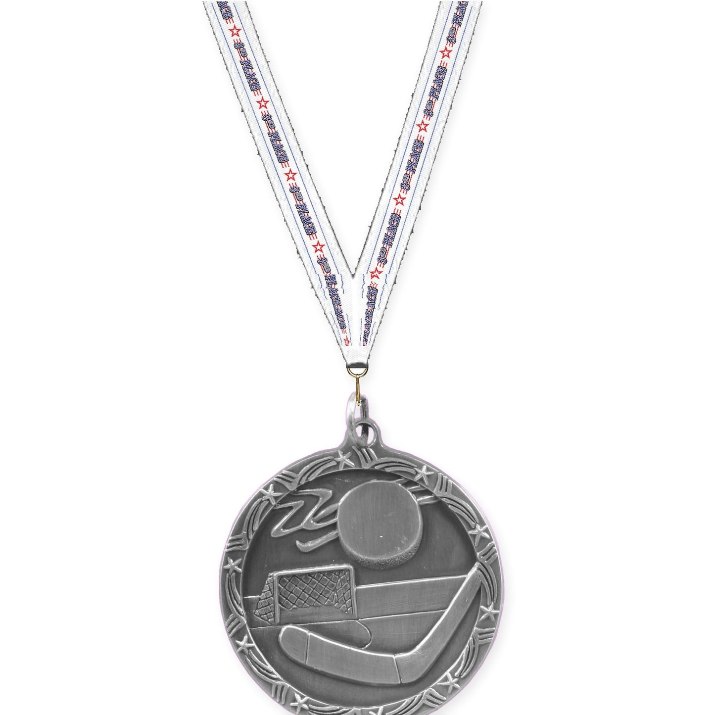 1 3/4 inch hockey Shooting Star medal in antique silver with 3rd Place neck ribbon