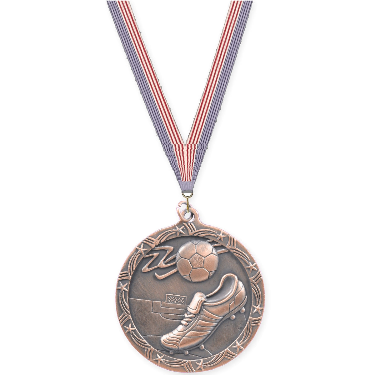 2 1/2 inch soccer Shooting Star medal in antique bronze with USA Flag neck ribbon