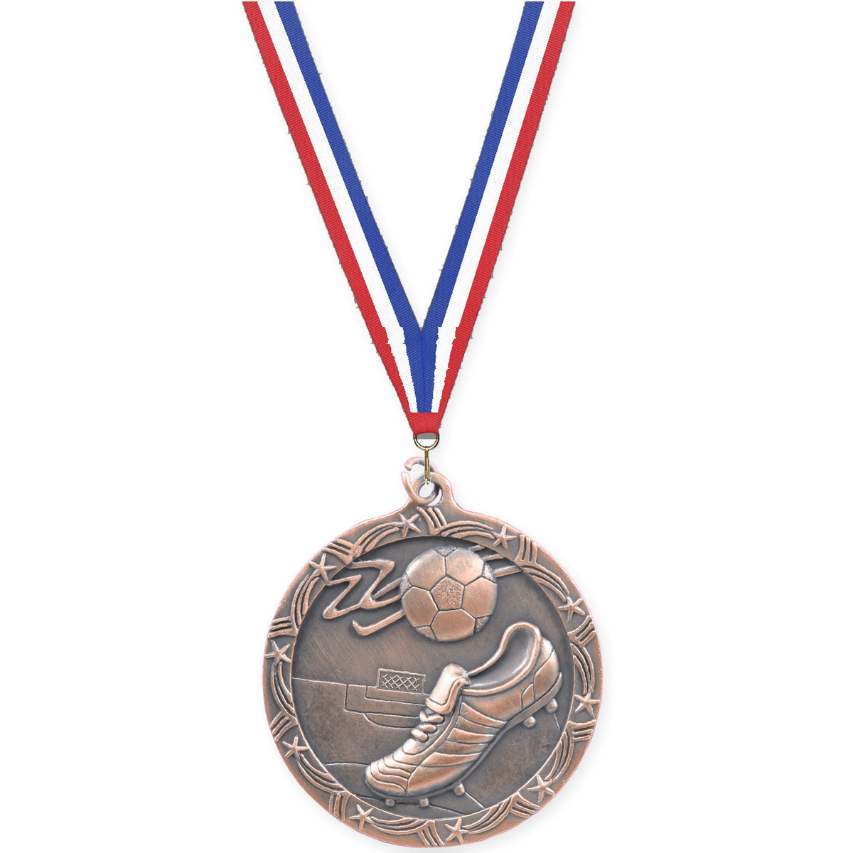 2 1/2 inch soccer Shooting Star medal in antique bronze with Red White Blue neck ribbon