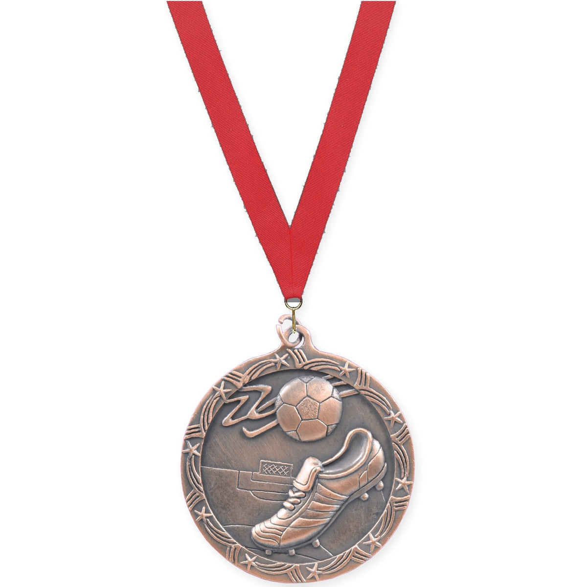 2 1/2 inch soccer Shooting Star medal in antique bronze with Red neck ribbon