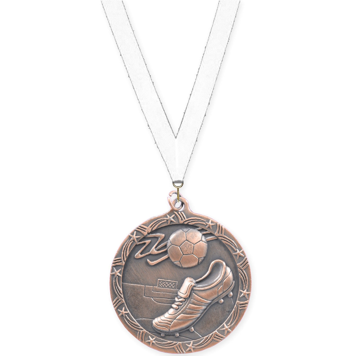2 1/2 inch soccer Shooting Star medal in antique bronze with White neck ribbon
