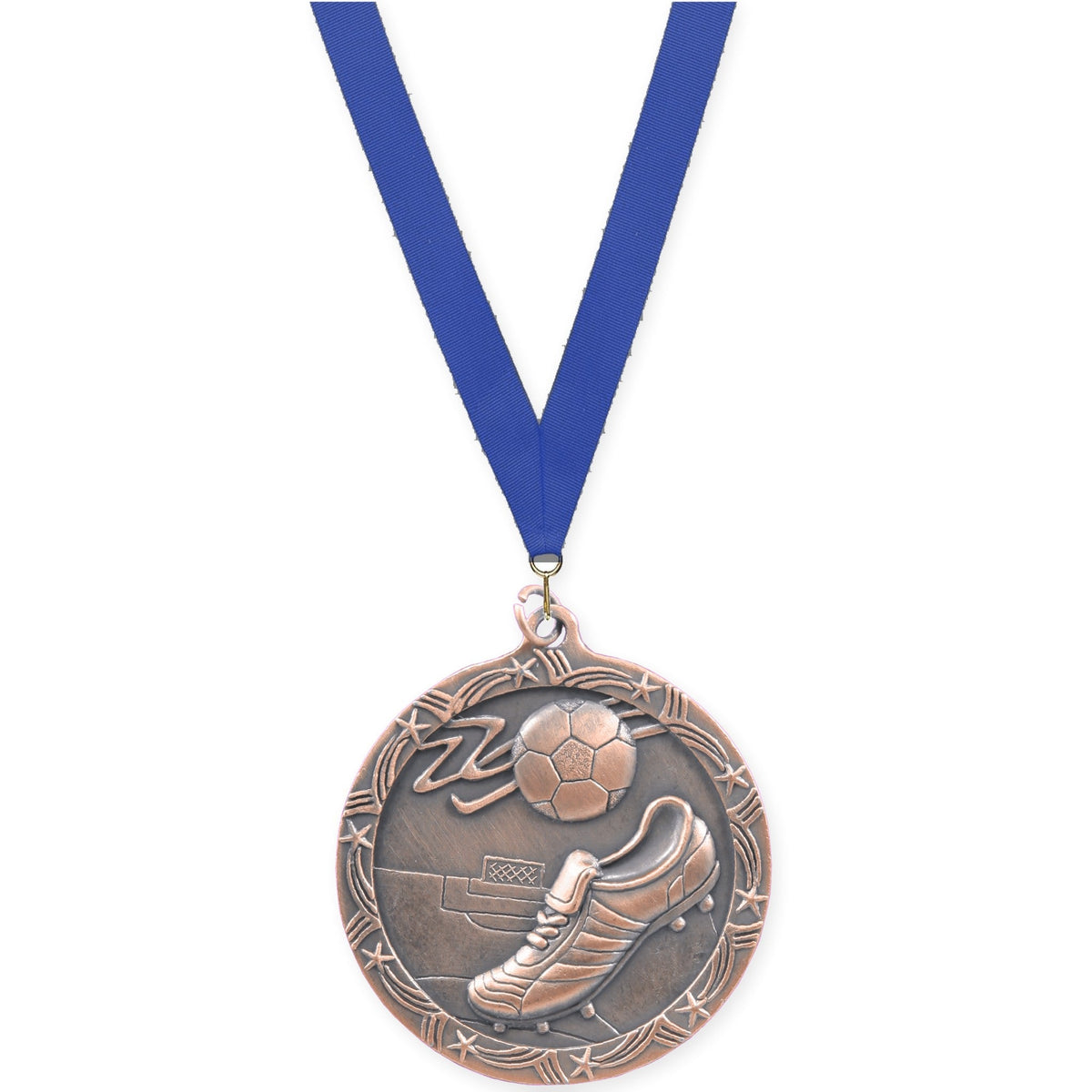 2 1/2 inch soccer Shooting Star medal in antique bronze with Blue neck ribbon