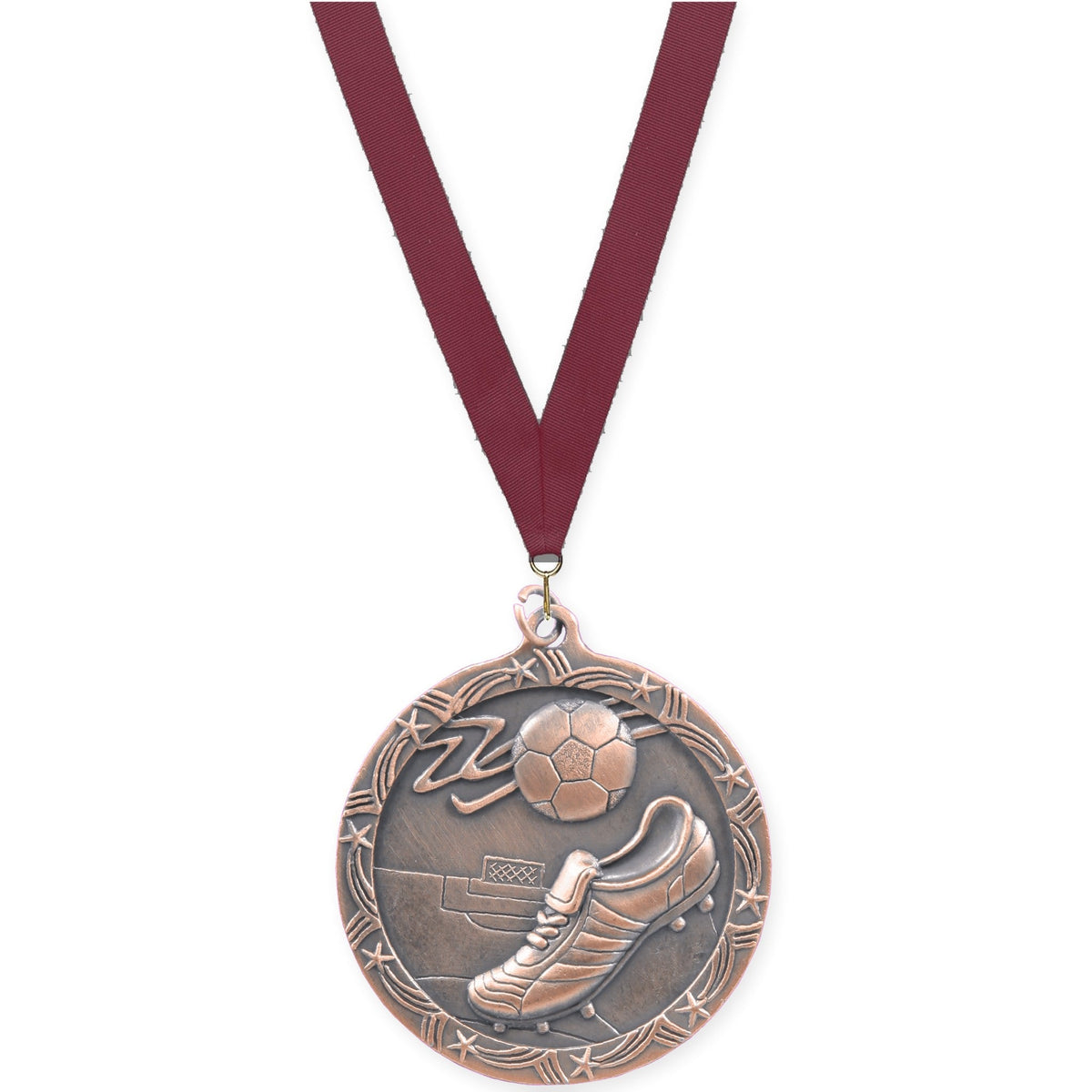 2 1/2 inch soccer Shooting Star medal in antique bronze with Maroon neck ribbon