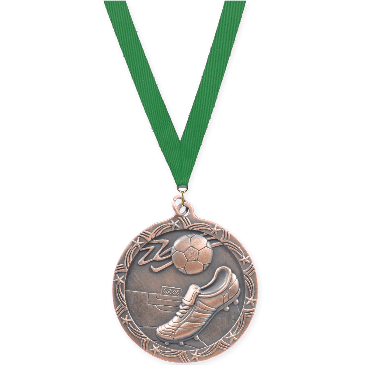 2 1/2 inch soccer Shooting Star medal in antique bronze with Green neck ribbon