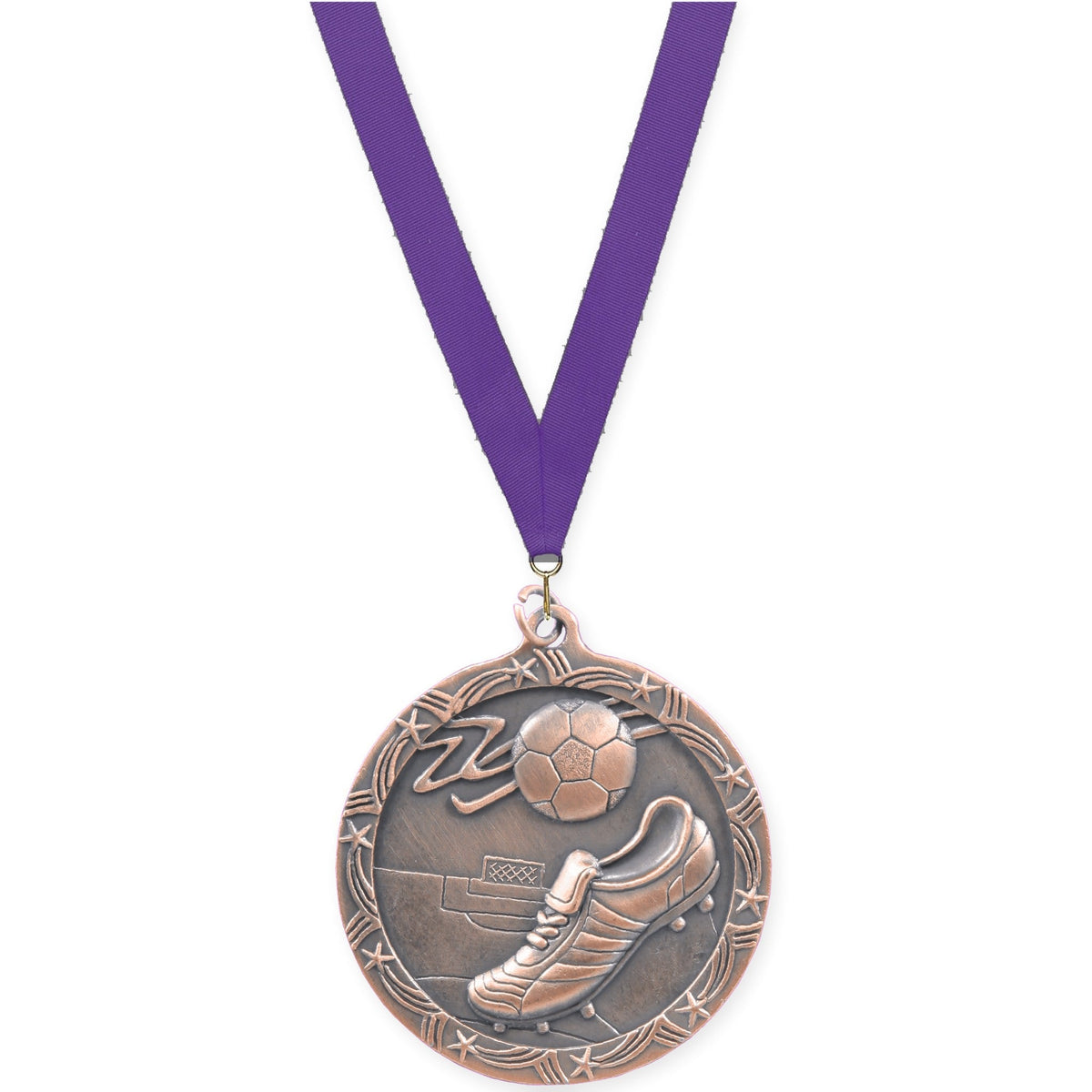2 1/2 inch soccer Shooting Star medal in antique bronze with Purple neck ribbon