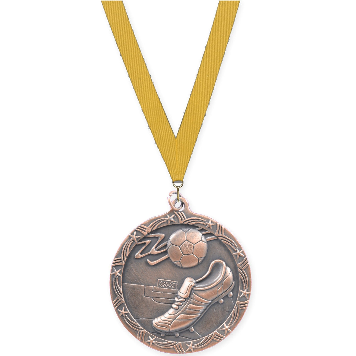 2 1/2 inch soccer Shooting Star medal in antique bronze with Gold neck ribbon