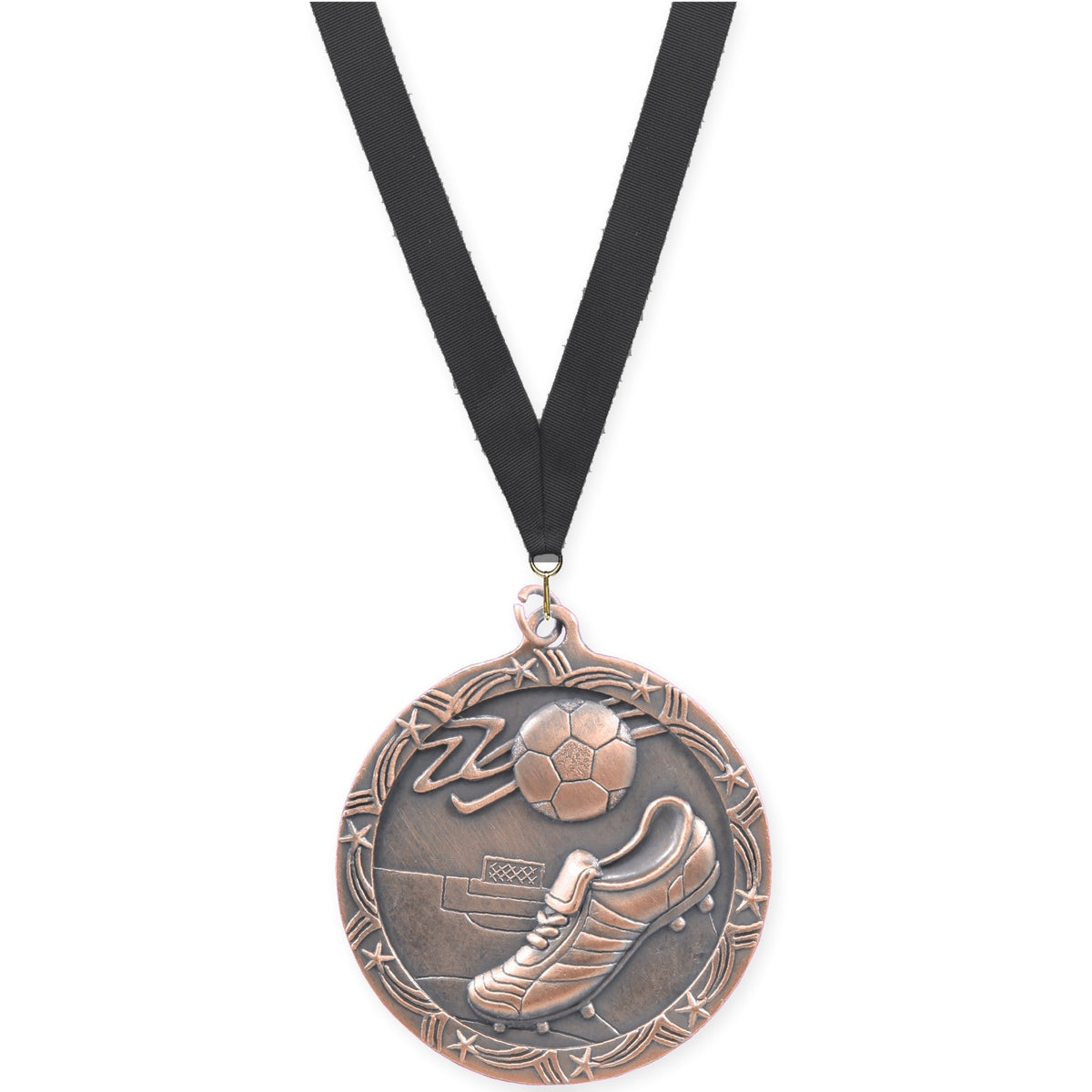 2 1/2 inch soccer Shooting Star medal in antique bronze with Black neck ribbon