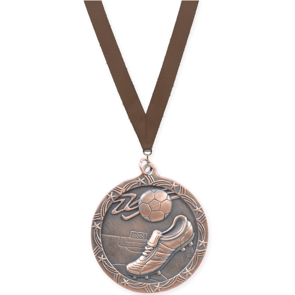 2 1/2 inch soccer Shooting Star medal in antique bronze with Brown neck ribbon