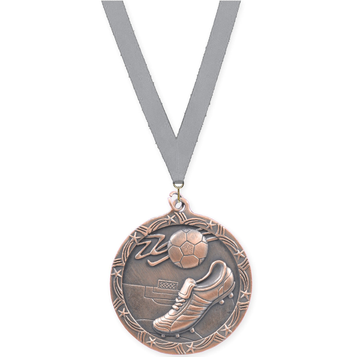 2 1/2 inch soccer Shooting Star medal in antique bronze with Gray neck ribbon