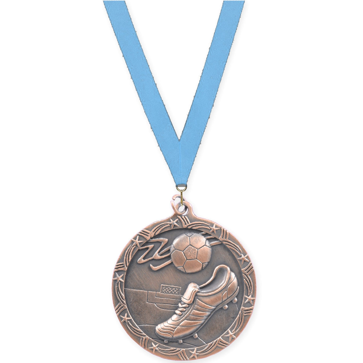 2 1/2 inch soccer Shooting Star medal in antique bronze with Light Blue neck ribbon