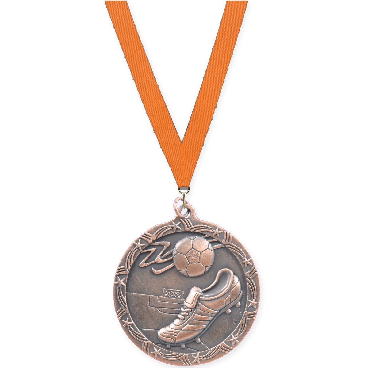 2 1/2 inch soccer Shooting Star medal in antique bronze with Orange neck ribbon