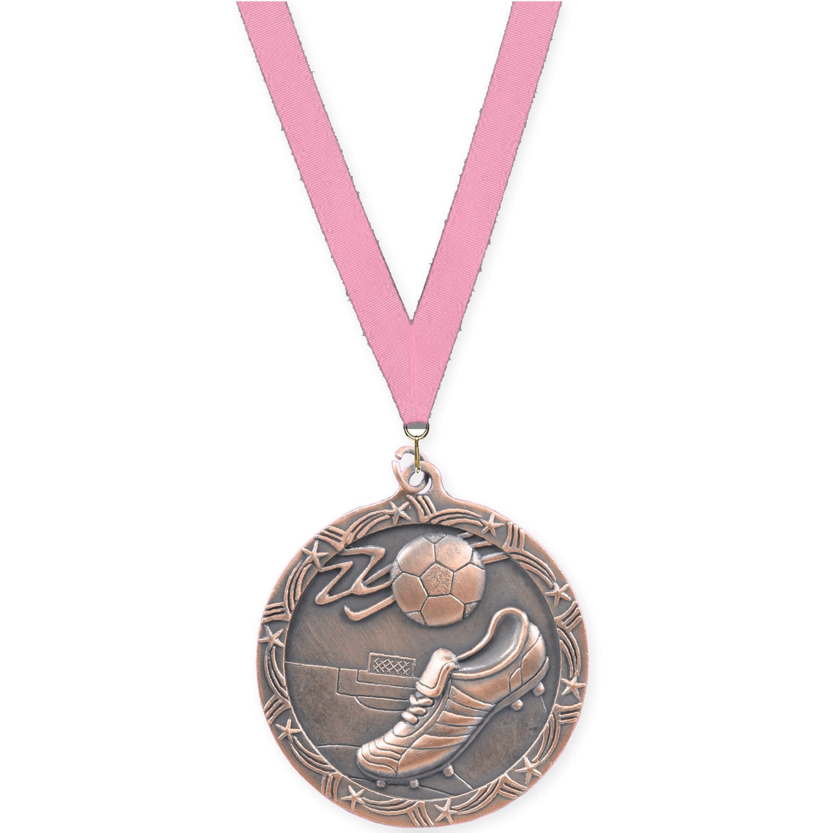 2 1/2 inch soccer Shooting Star medal in antique bronze with Pink neck ribbon
