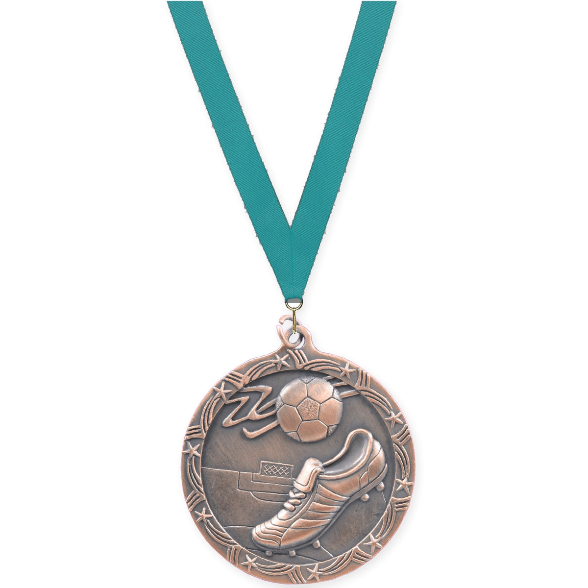 2 1/2 inch soccer Shooting Star medal in antique bronze with Teal neck ribbon