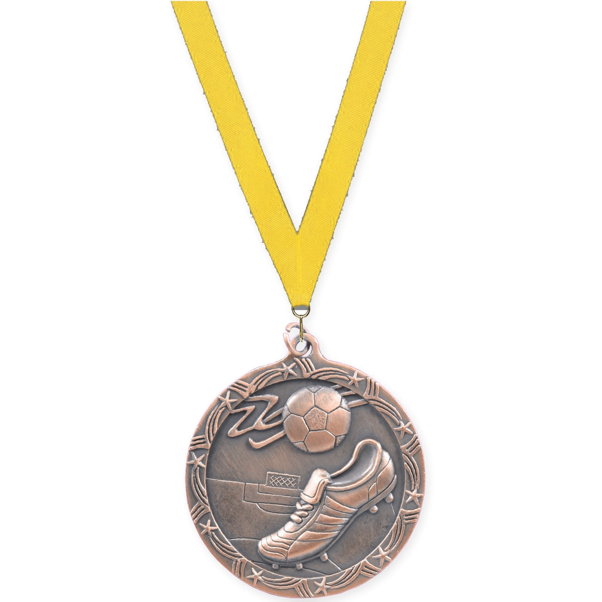 2 1/2 inch soccer Shooting Star medal in antique bronze with Yellow neck ribbon