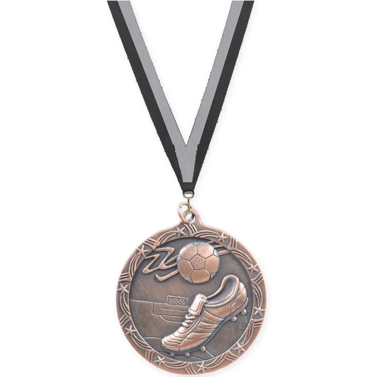 2 1/2 inch soccer Shooting Star medal in antique bronze with Black Gray neck ribbon