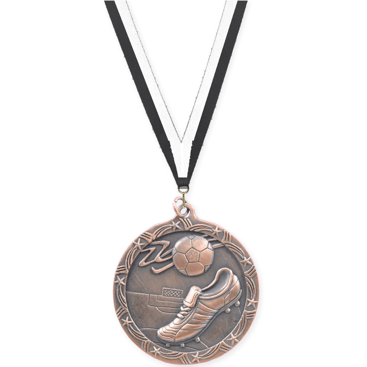 2 1/2 inch soccer Shooting Star medal in antique bronze with Black White neck ribbon