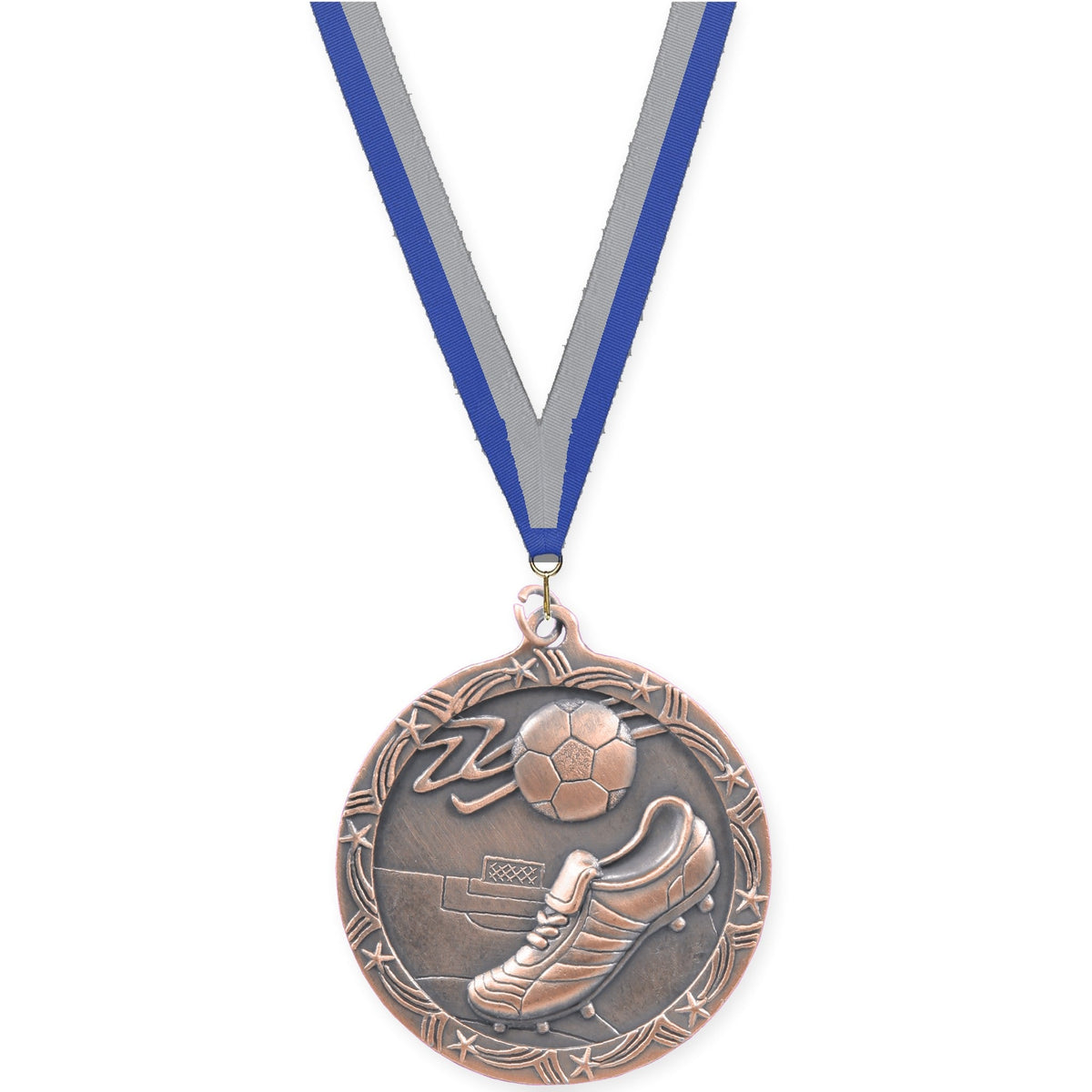 2 1/2 inch soccer Shooting Star medal in antique bronze with Blue Gray neck ribbon