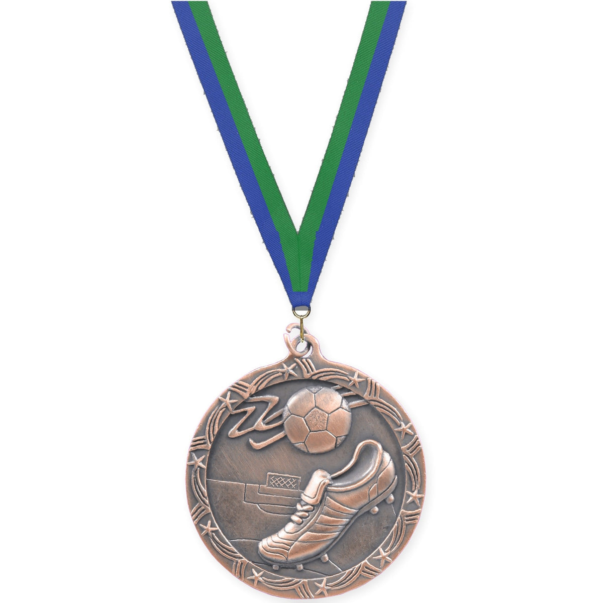 2 1/2 inch soccer Shooting Star medal in antique bronze with Blue Green neck ribbon
