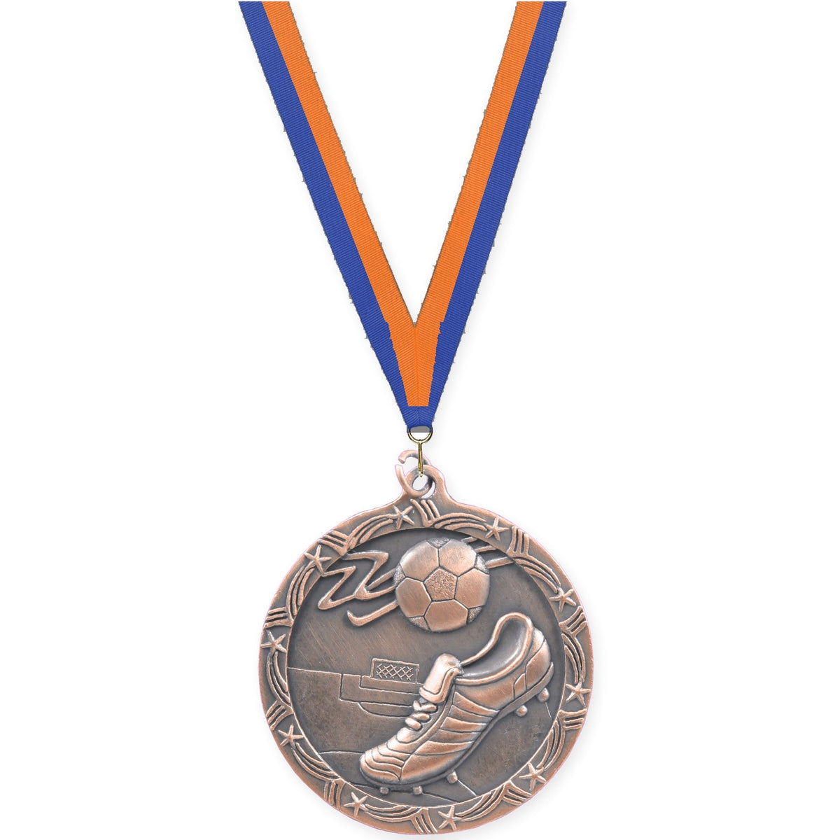 2 1/2 inch soccer Shooting Star medal in antique bronze with Blue Orange neck ribbon