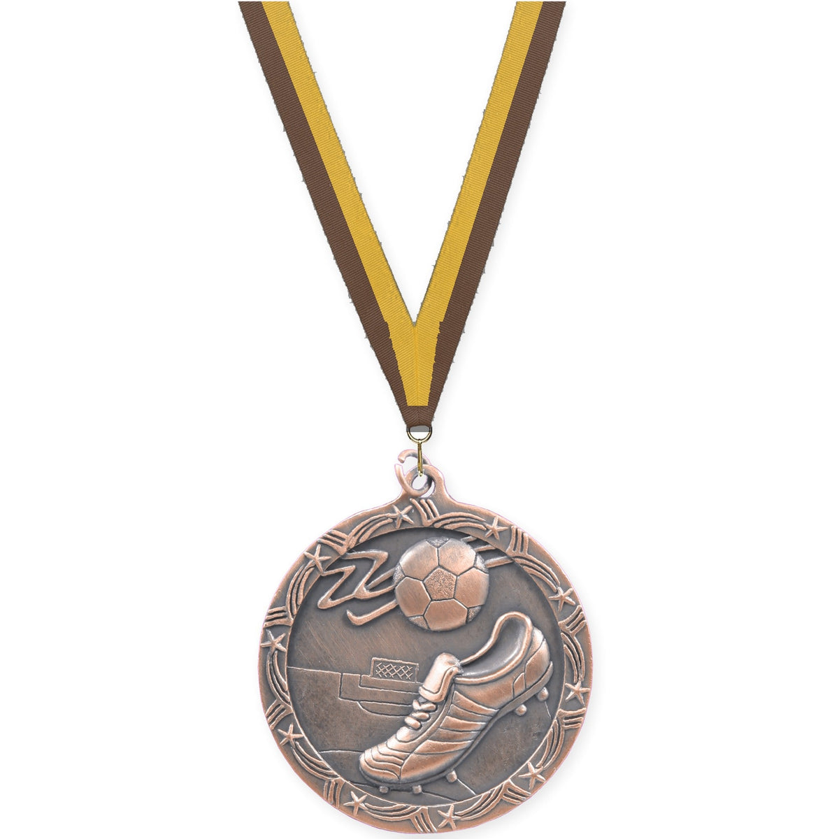 2 1/2 inch soccer Shooting Star medal in antique bronze with Brown Gold neck ribbon