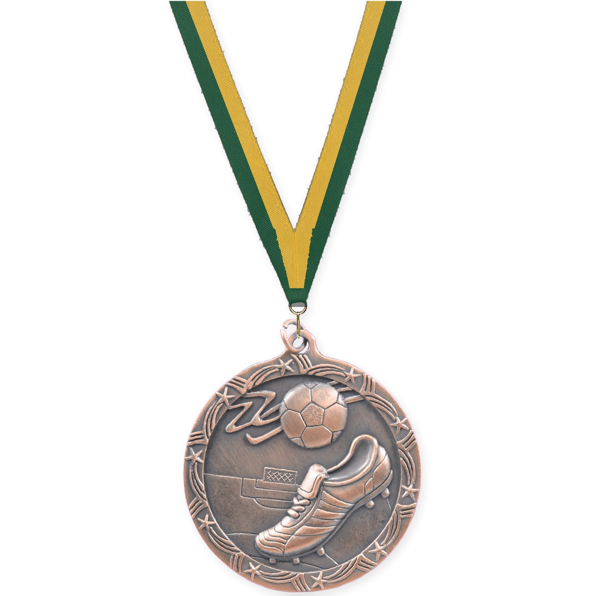2 1/2 inch soccer Shooting Star medal in antique bronze with Hunter Green Gold neck ribbon