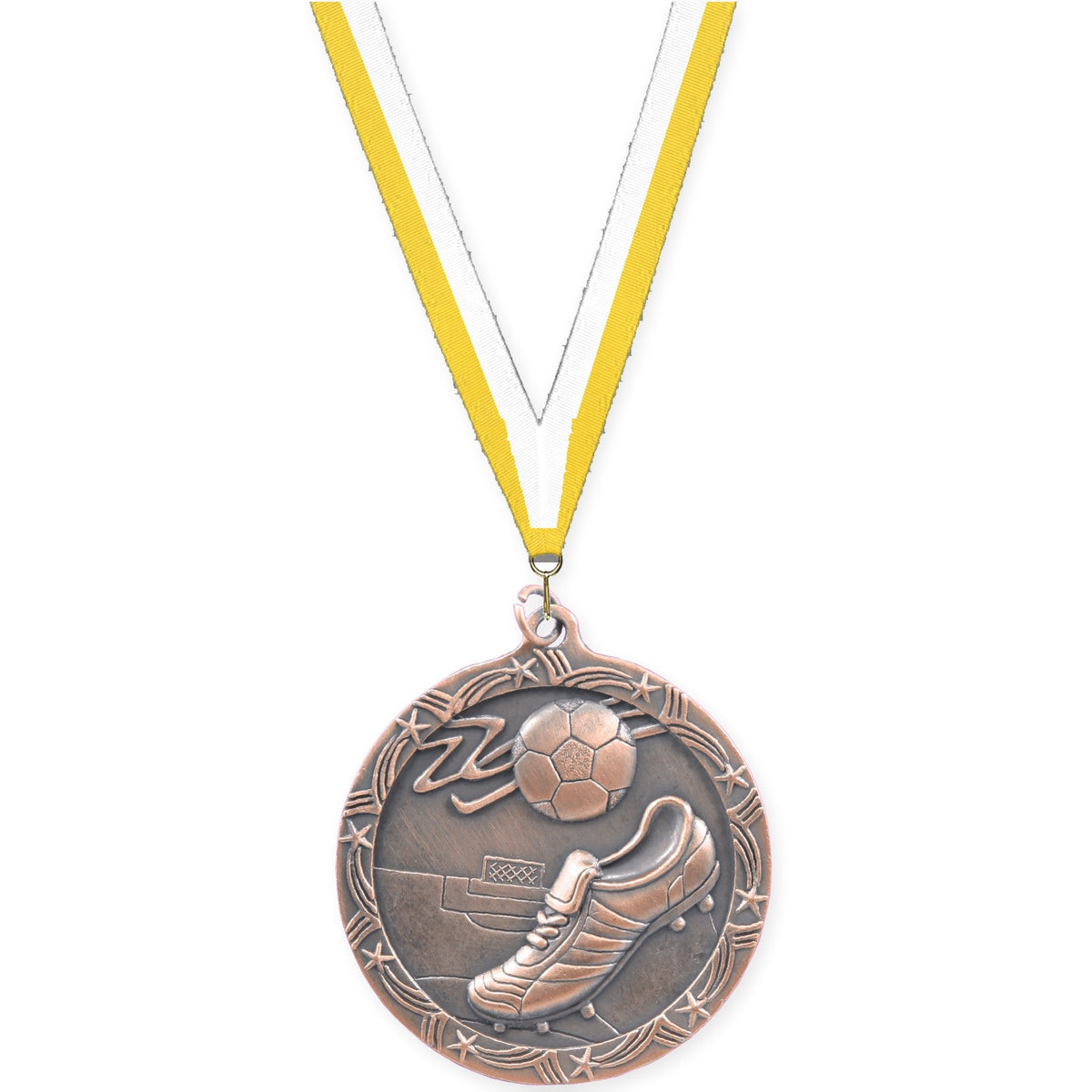 2 1/2 inch soccer Shooting Star medal in antique bronze with Yellow White neck ribbon