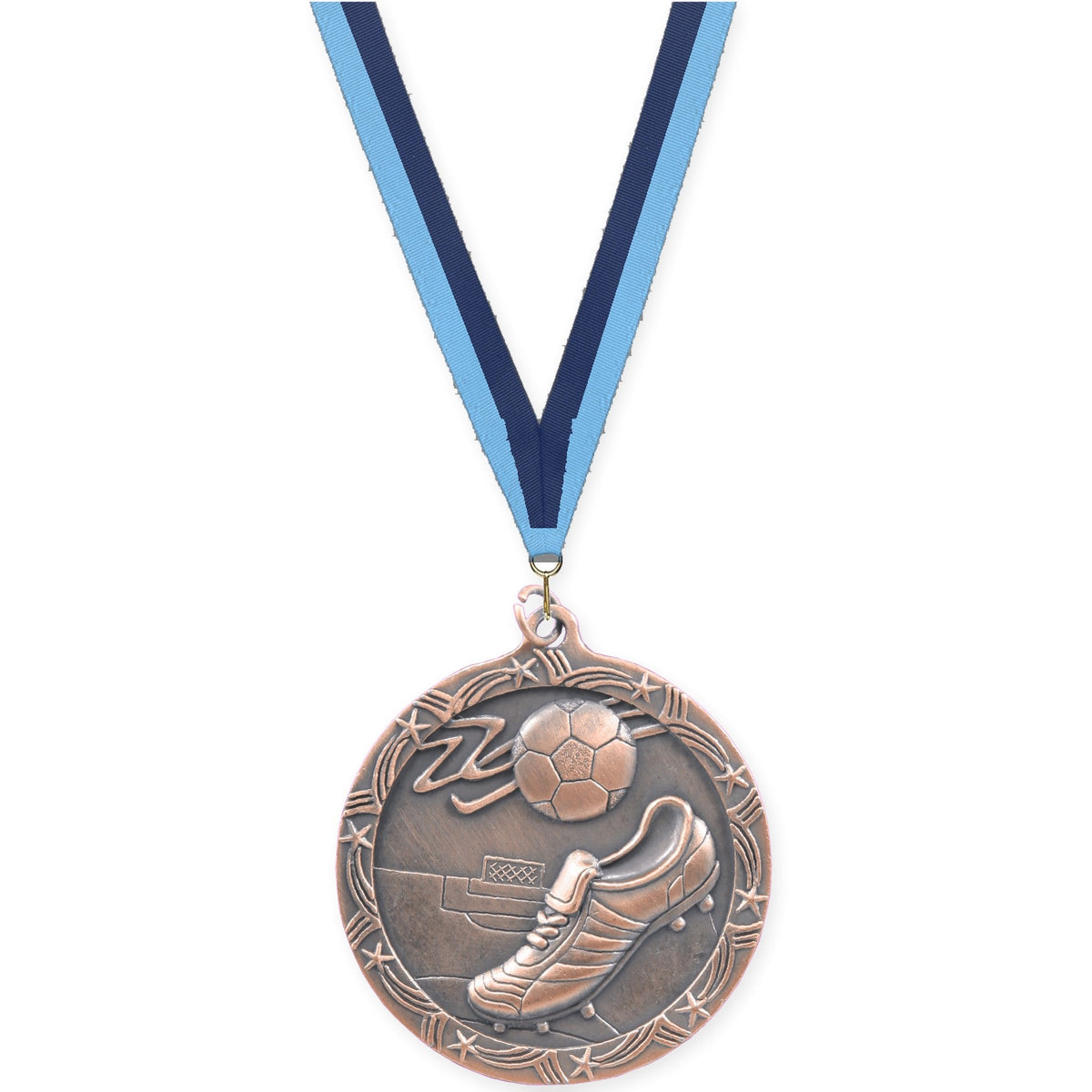 2 1/2 inch soccer Shooting Star medal in antique bronze with Light Blue Navy neck ribbon