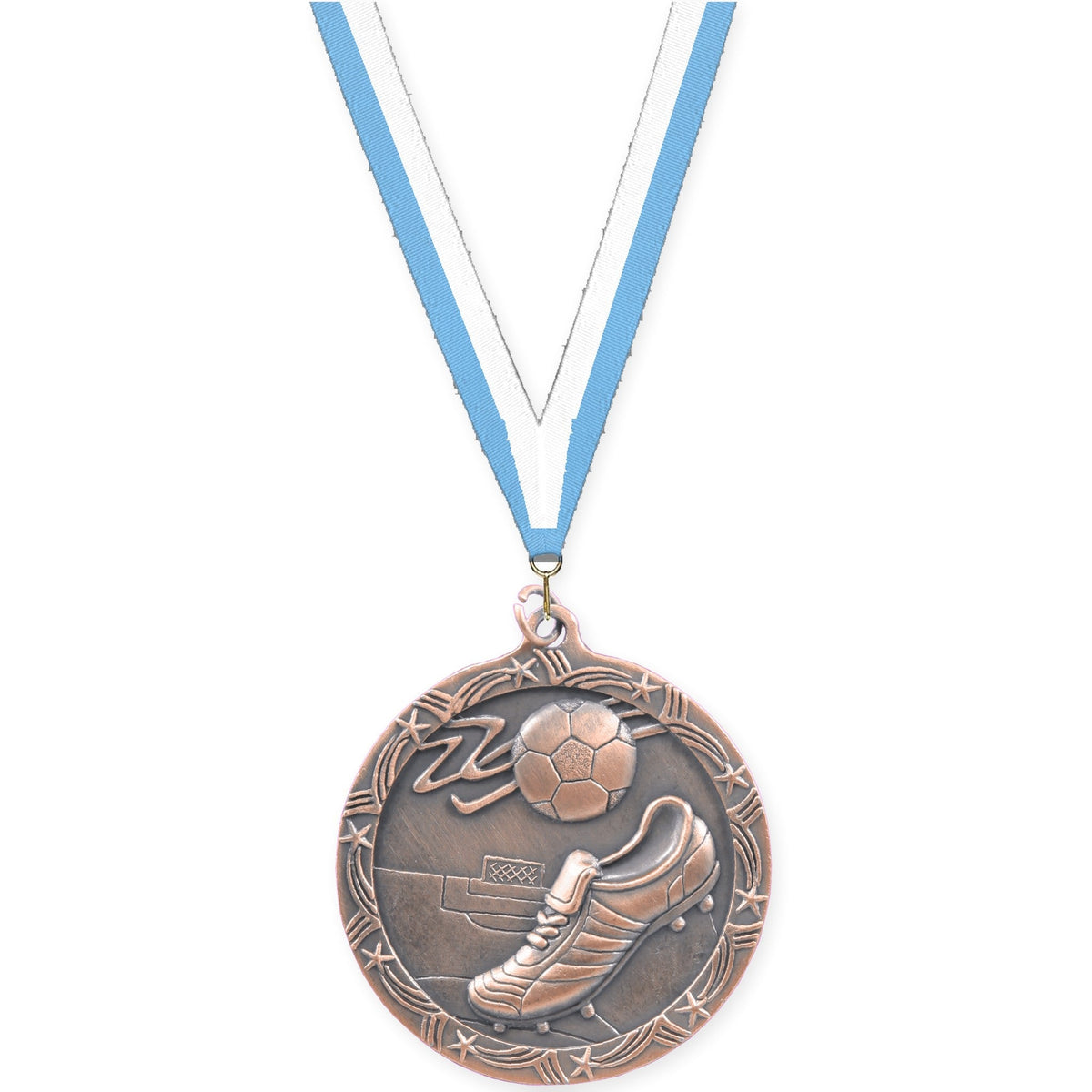 2 1/2 inch soccer Shooting Star medal in antique bronze with Light Blue White neck ribbon