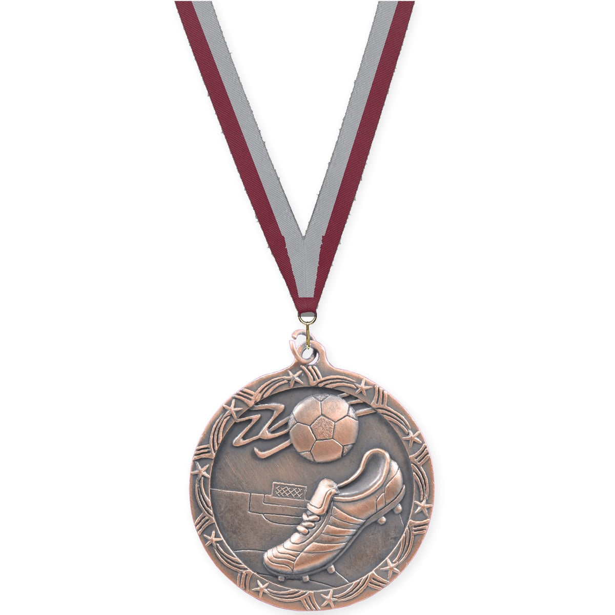2 1/2 inch soccer Shooting Star medal in antique bronze with Maroon Gray neck ribbon