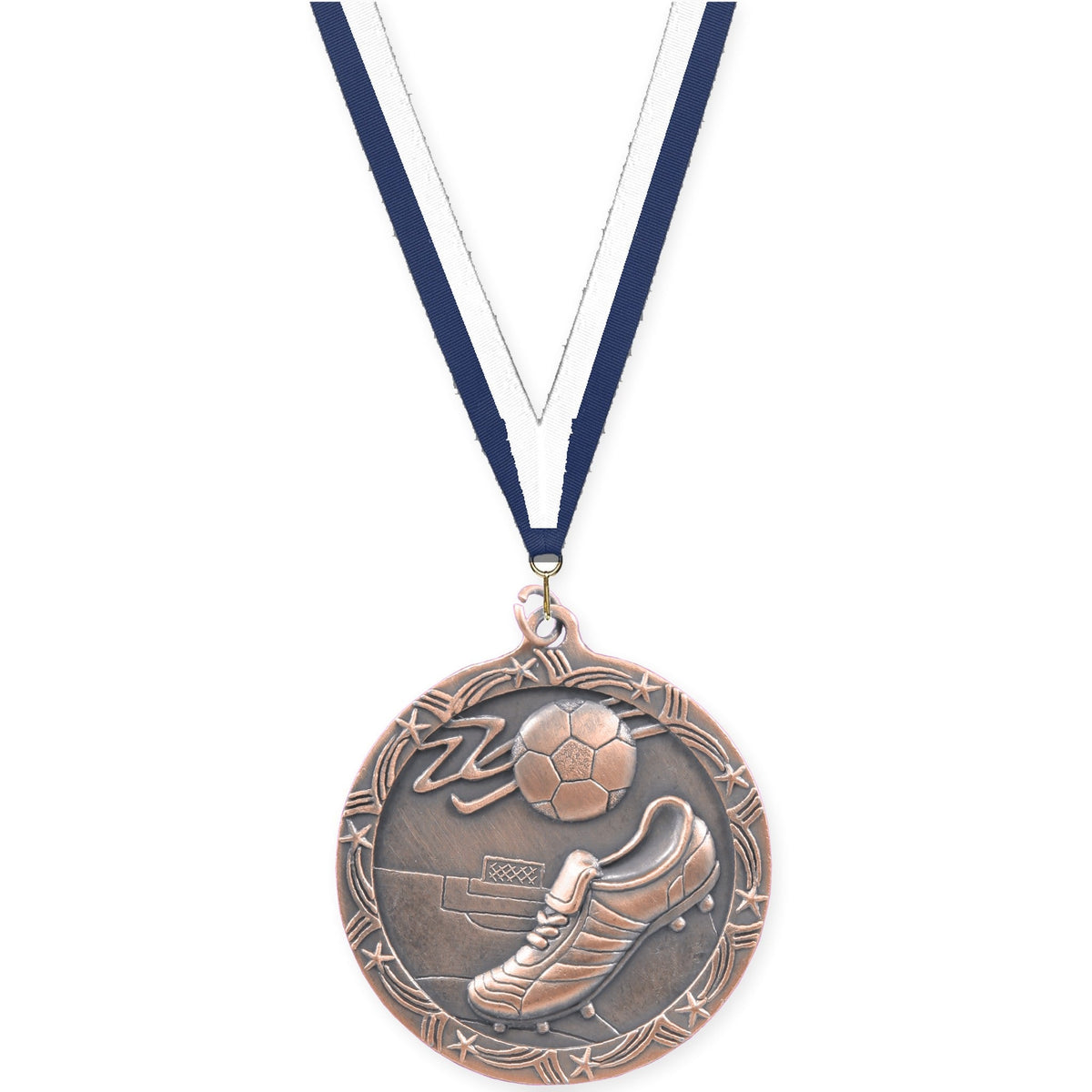 2 1/2 inch soccer Shooting Star medal in antique bronze with Navy White neck ribbon
