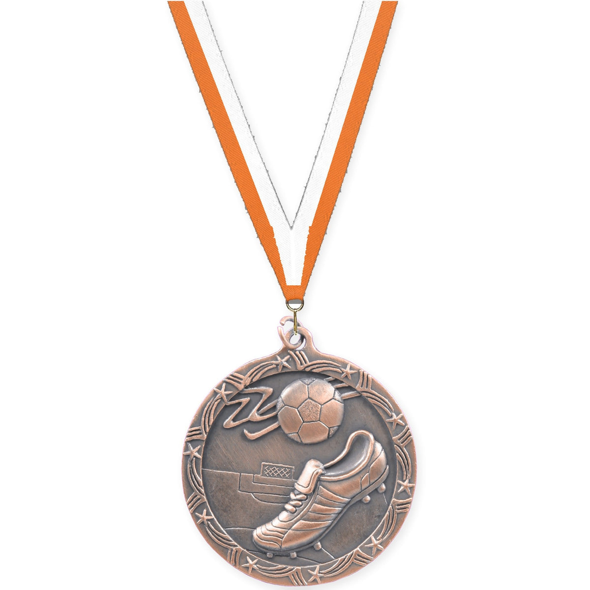 2 1/2 inch soccer Shooting Star medal in antique bronze with Orange White neck ribbon