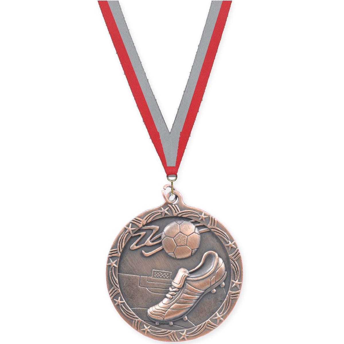 2 1/2 inch soccer Shooting Star medal in antique bronze with Red Gray neck ribbon