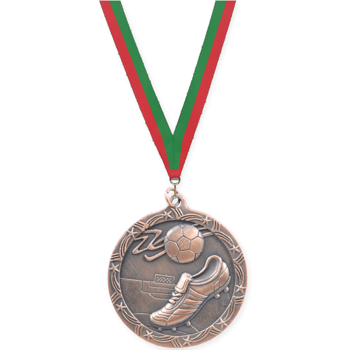 2 1/2 inch soccer Shooting Star medal in antique bronze with Red Green neck ribbon