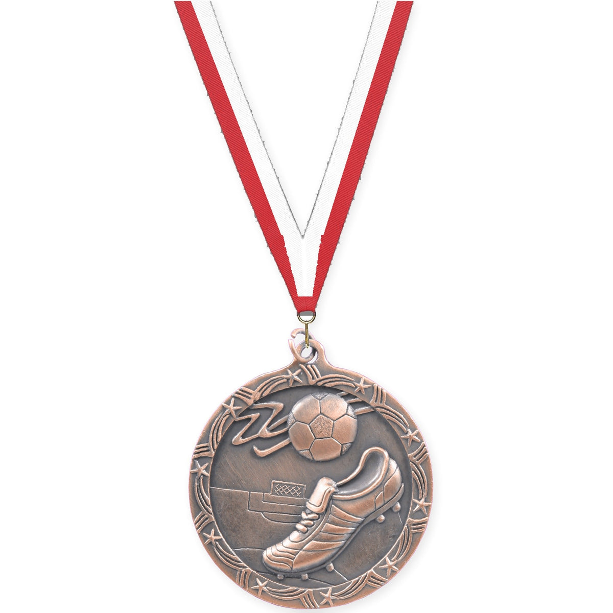 2 1/2 inch soccer Shooting Star medal in antique bronze with Red White neck ribbon