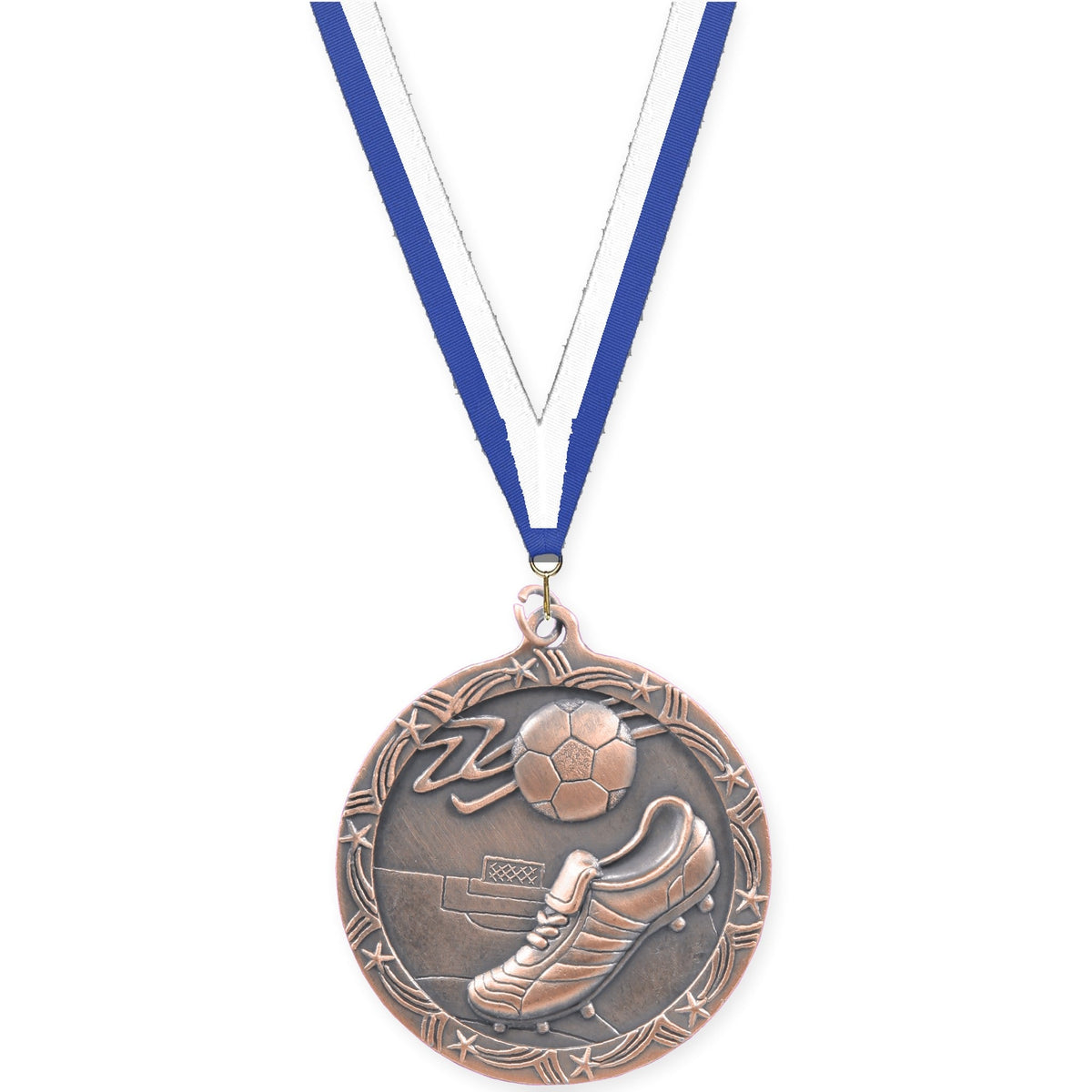 2 1/2 inch soccer Shooting Star medal in antique bronze with Blue White neck ribbon
