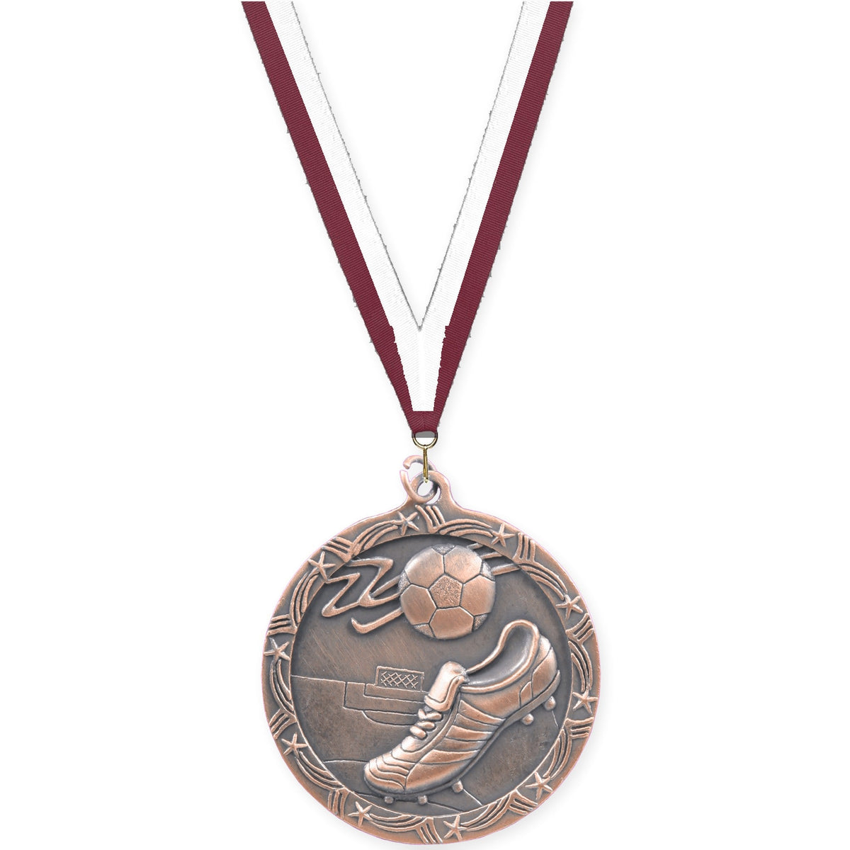 2 1/2 inch soccer Shooting Star medal in antique bronze with Maroon White neck ribbon