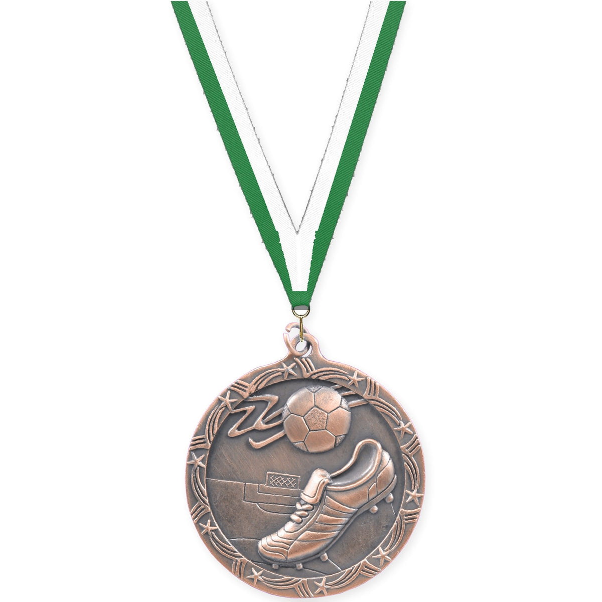 2 1/2 inch soccer Shooting Star medal in antique bronze with Green White neck ribbon