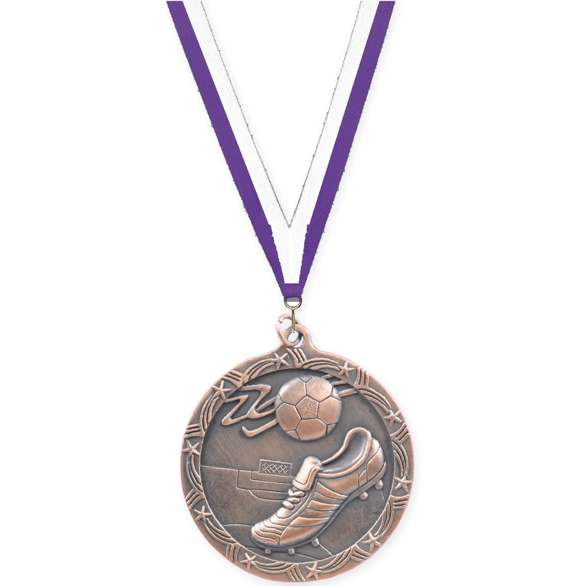 2 1/2 inch soccer Shooting Star medal in antique bronze with Purple White neck ribbon
