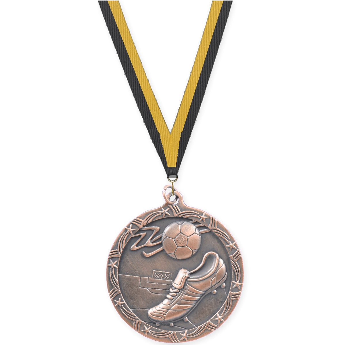 2 1/2 inch soccer Shooting Star medal in antique bronze with Black Gold neck ribbon