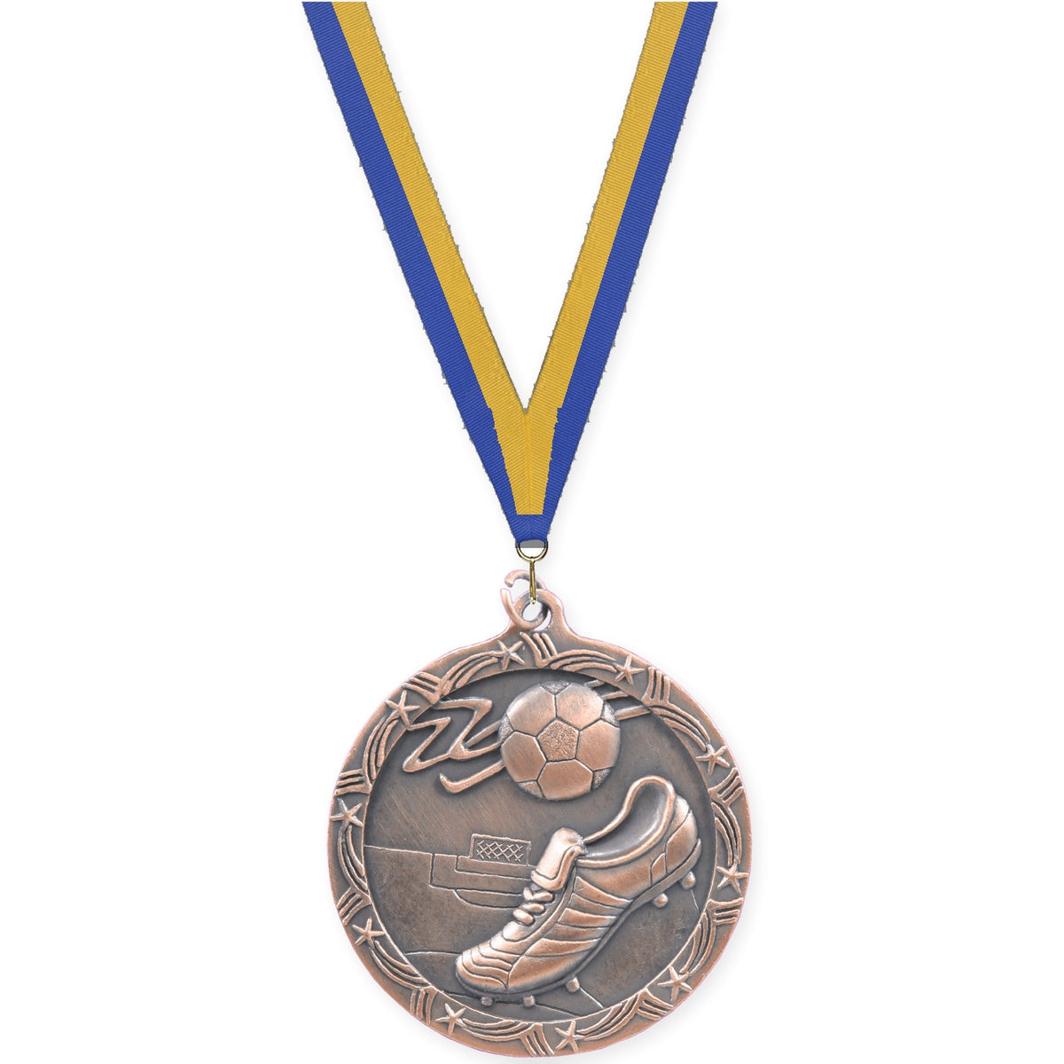 2 1/2 inch soccer Shooting Star medal in antique bronze with Blue Gold neck ribbon