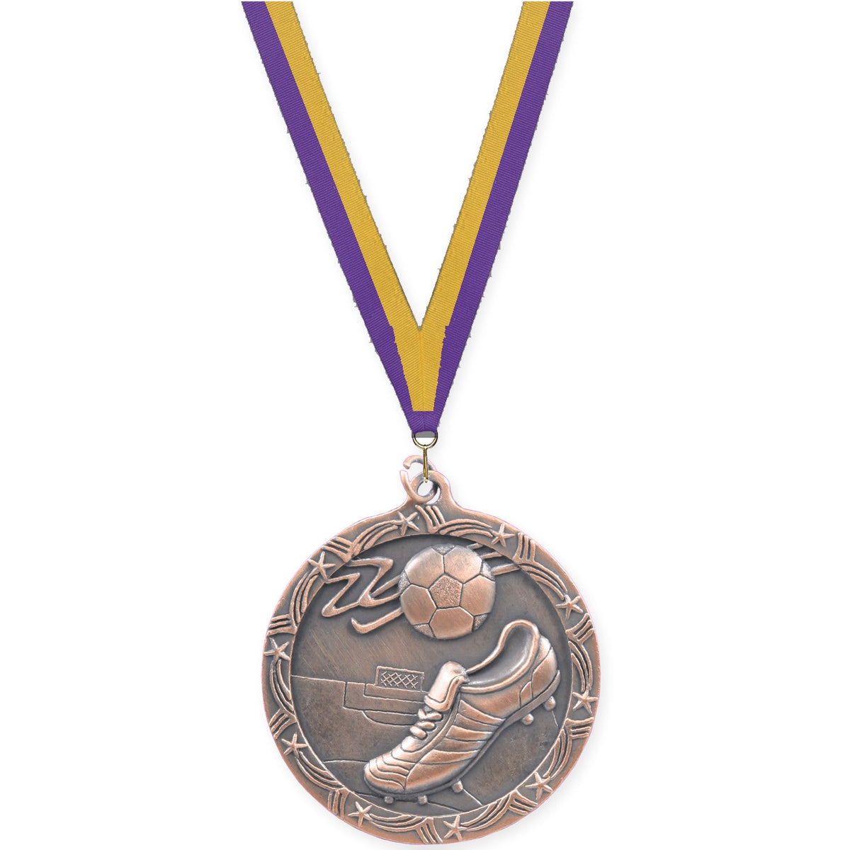 2 1/2 inch soccer Shooting Star medal in antique bronze with Purple Gold neck ribbon