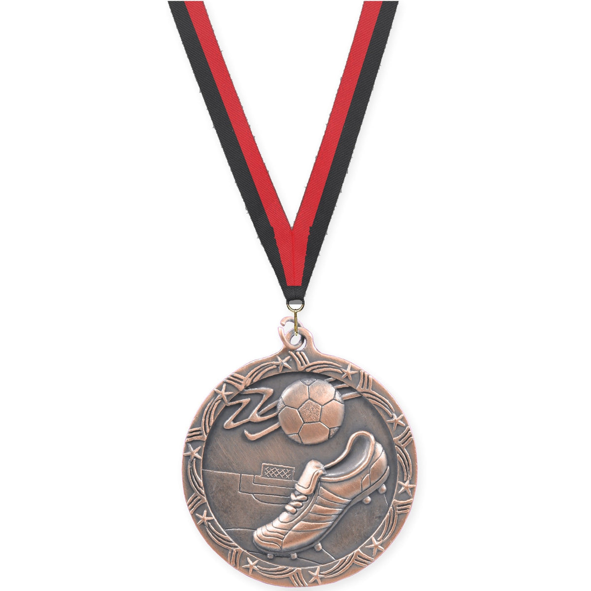 2 1/2 inch soccer Shooting Star medal in antique bronze with Black Red neck ribbon